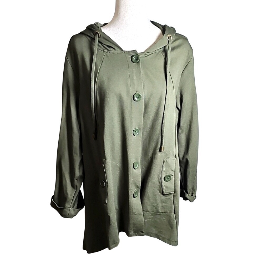 Christian Siriano Olive Green Swing Thick Utility Jacket Button Up with Hood 2X